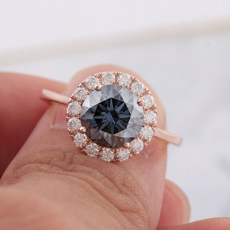 Dark Grey Round Moissanite Halo Engagement Ring