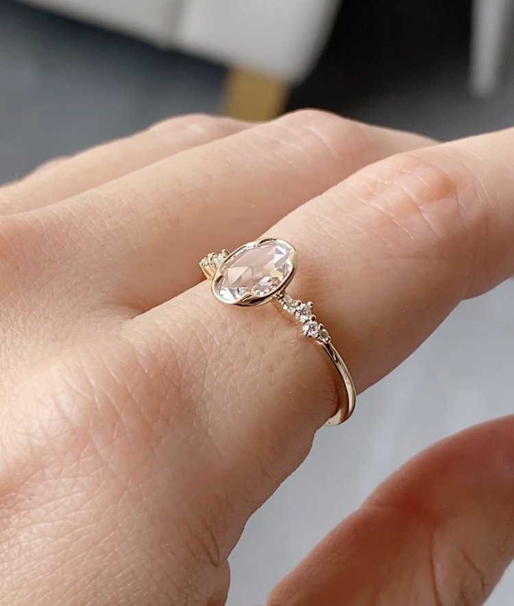 Cluster Oval Moissanite Engagement Ring Unique Bezel Rose Cut Diamond Ring