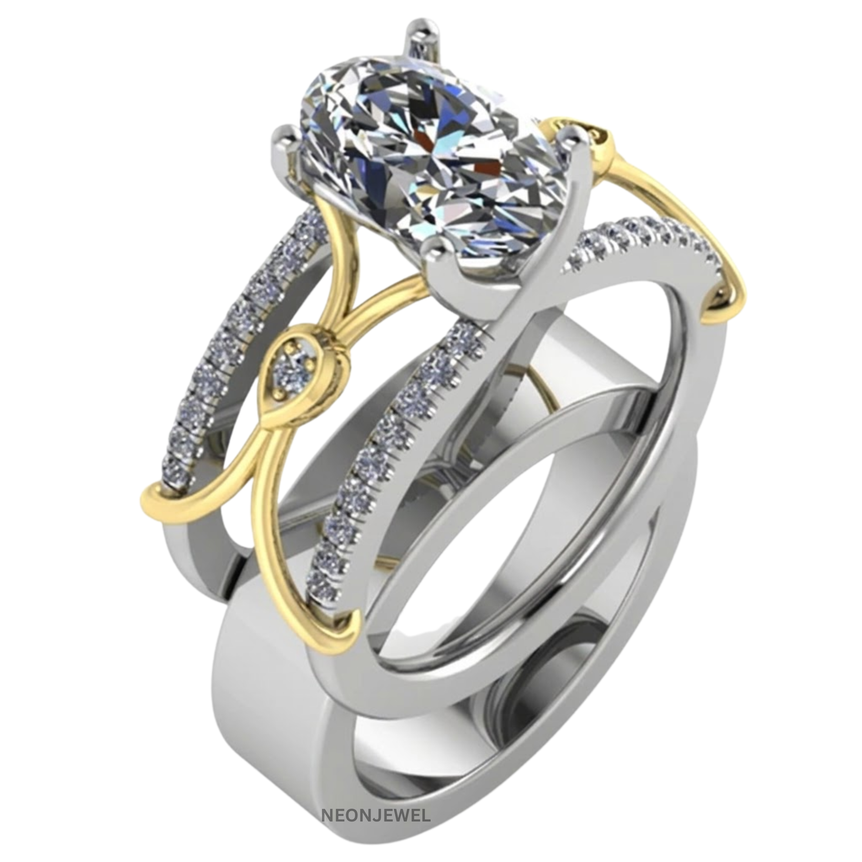 Two-Tone Engagement Ring Cover for Smart Ring | Oval Cut Moissanite Ring Enhancer Band | Silver & Gold Smart Ring Protector Jacket