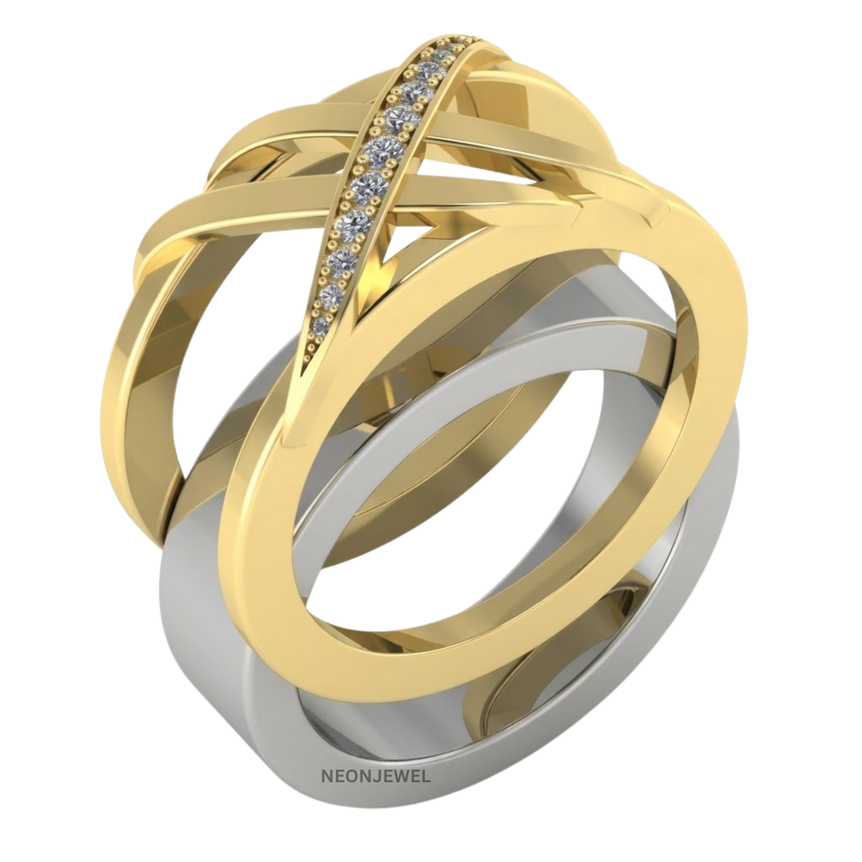 Criss-Cross Smart Ring Cover, Two-Tone Interlocking X Band Shield, Diamond Accent Tracker Protector, Luxury Jewelry Sleeve, Statement Ring Guard