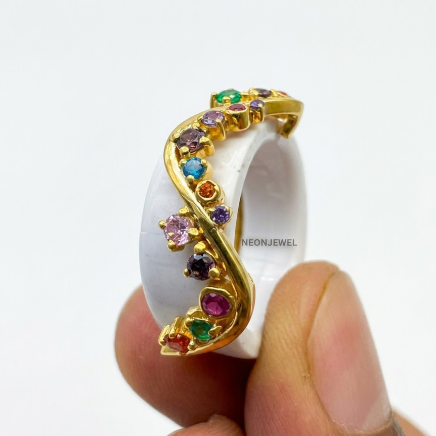 Rainbow Gemstone Oura Ring Cover | Gold Wavy Vine Smart Ring Protector & Guard