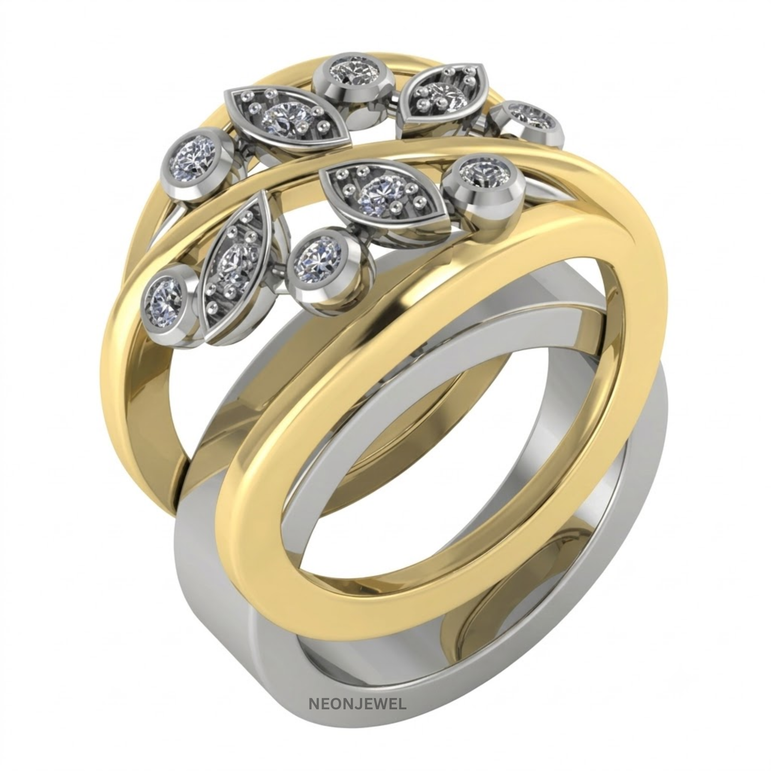 Marquise Leaf Smart Ring Cover | Criss-Cross Vine Ring Enhancer Band | Silver & Gold Smart Ring Protector Jacket | Shimmering Bezel Set Statement Ring Guard