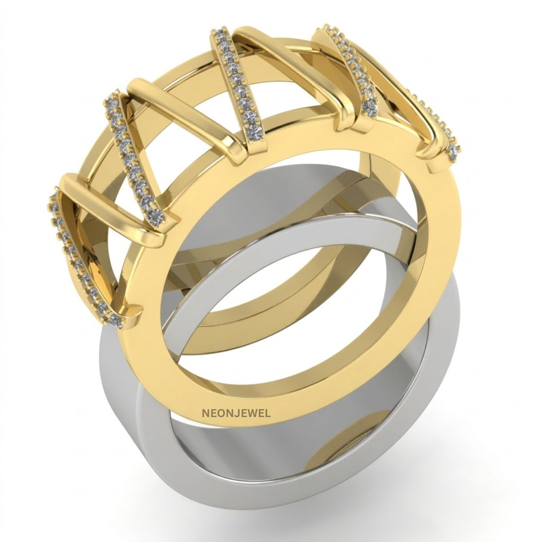 Geometric Smart Ring Cover, Two-Tone V-Shape Cage Ring Shield, Diamond Accent Tracker Protector, Luxury Jewelry Sleeve