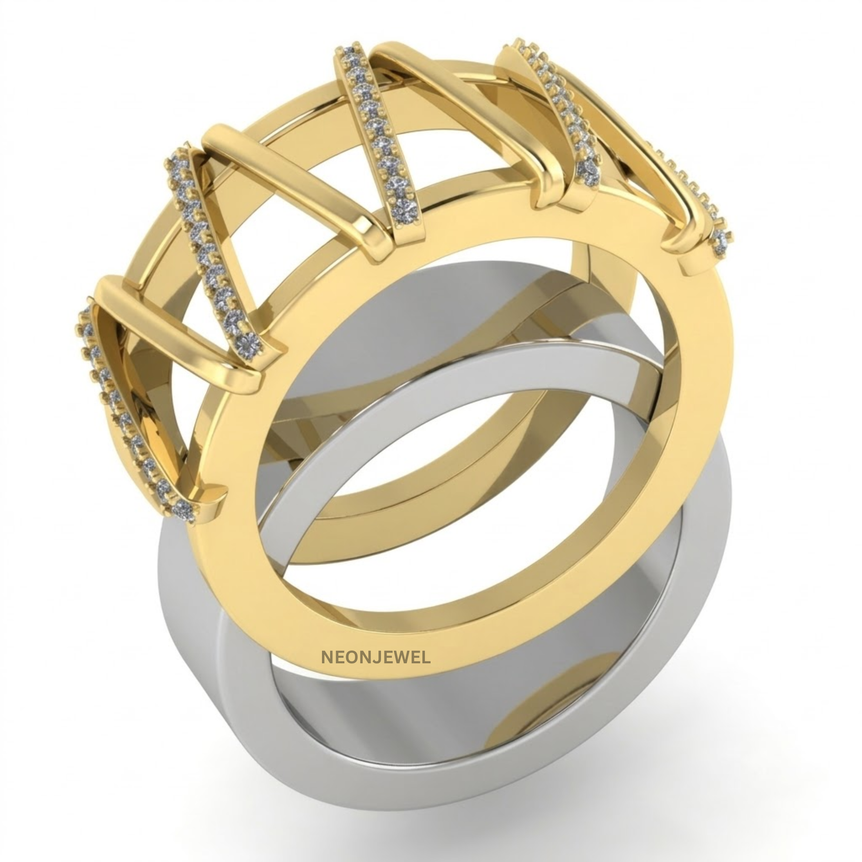 Geometric Smart Ring Cover, Two-Tone V-Shape Cage Ring Shield, Diamond Accent Tracker Protector, Luxury Jewelry Sleeve