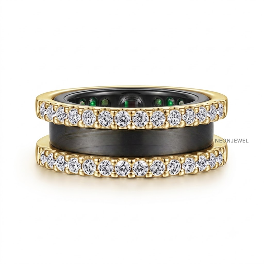 Double Row Moissanite Ring Enhancer Gold, Dual Band Ring Guard for Smart Rings, Sparkling Eternity Stackable Ring Jacket