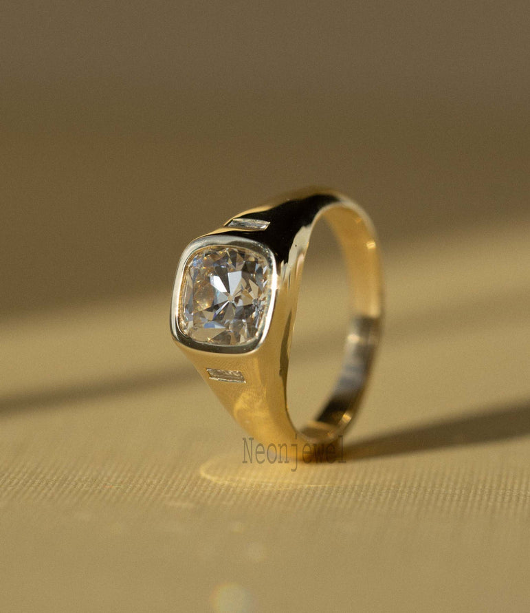 Old European Cushion Cut Moissanite Wedding Ring 14K Bezel Set Diamond Ring