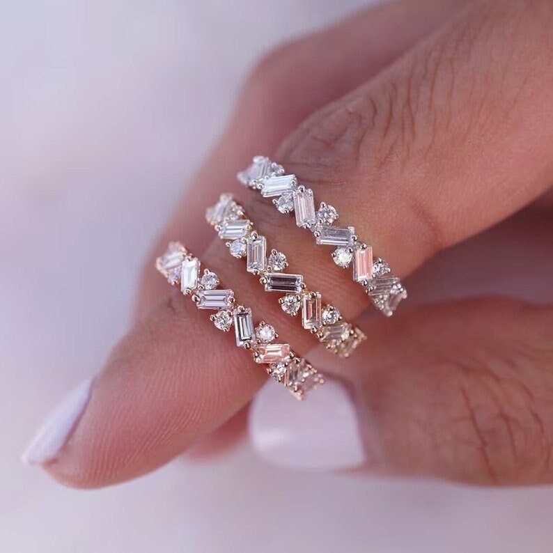 Baguette Eternity Band Unique Wedding Band Half Eternity Diamond Band Baguette & Round Band