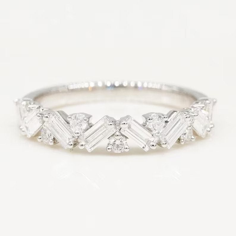 Baguette Eternity Band Unique Wedding Band Half Eternity Diamond Band Baguette & Round Band