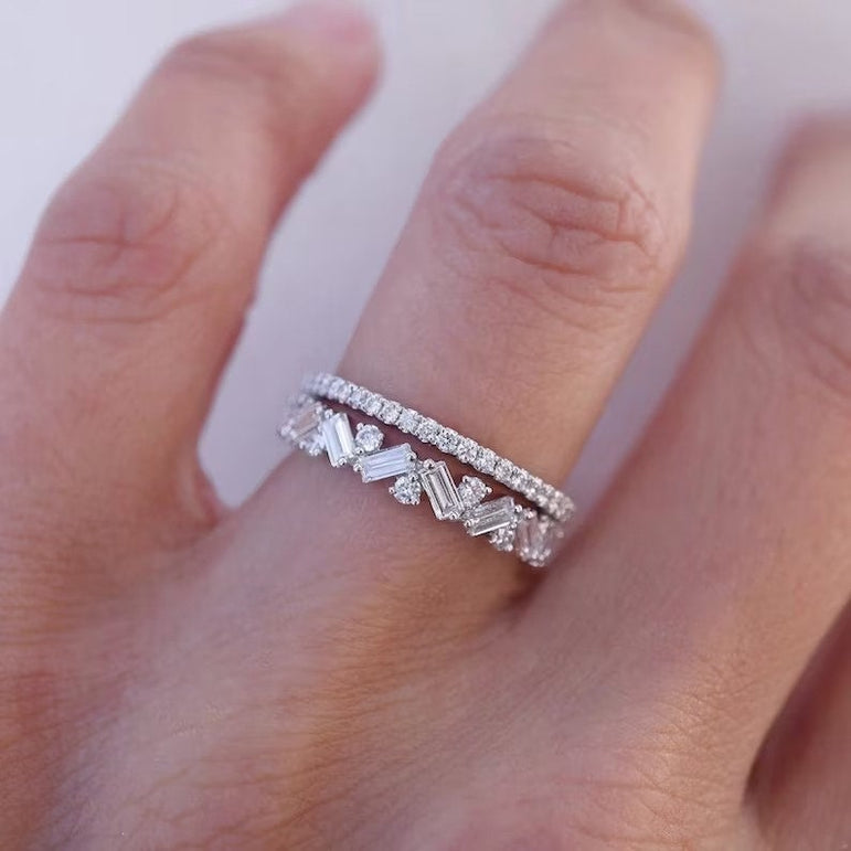 Baguette Eternity Band Unique Wedding Band Half Eternity Diamond Band Baguette & Round Band