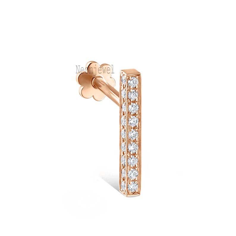 14K Solid Gold Diamond Bar Stud Earring: Single Bar Earring For Her Threaded Piercing