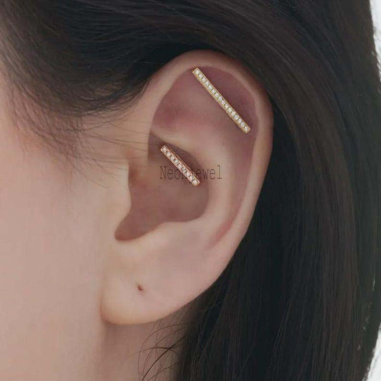 14K Solid Gold Diamond Bar Stud Earring: Single Bar Earring For Her Threaded Piercing