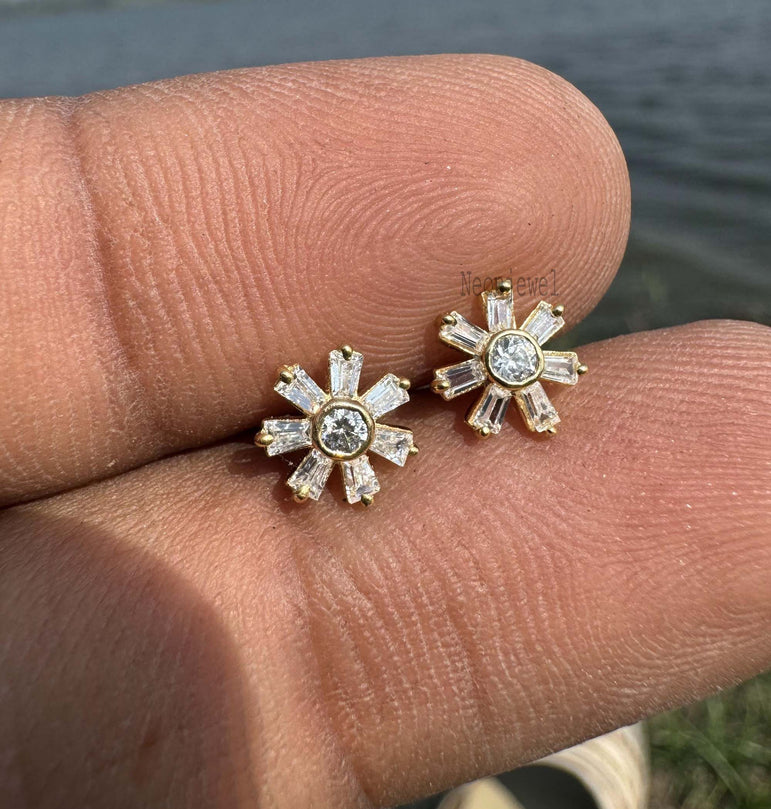 Tapered Baguette Unique Diamond Earrings Cluster Diamond Studs Dainty Everyday Stud Earrings