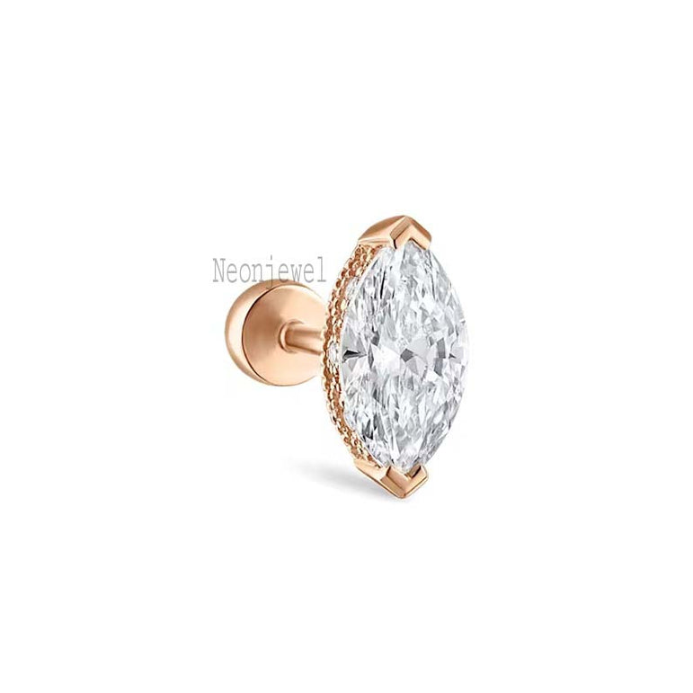 6MM Marquise Lab Diamond Stud Earring: 10K Gold Threaded Stud