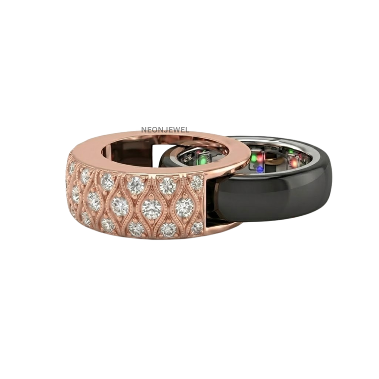 Vintage Woven Lattice Oura Ring Cover | Rose Gold Crystal Smart Ring Protector | Antique Milgrain Pattern Smart Tech Jewelry