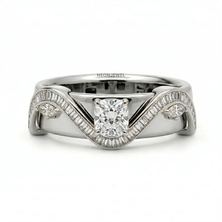 Cushion Cut Moissanite Smart Ring Cover • Gold Wave Baguette Ring Guard • Elegant Protector Jacket for Tech Rings