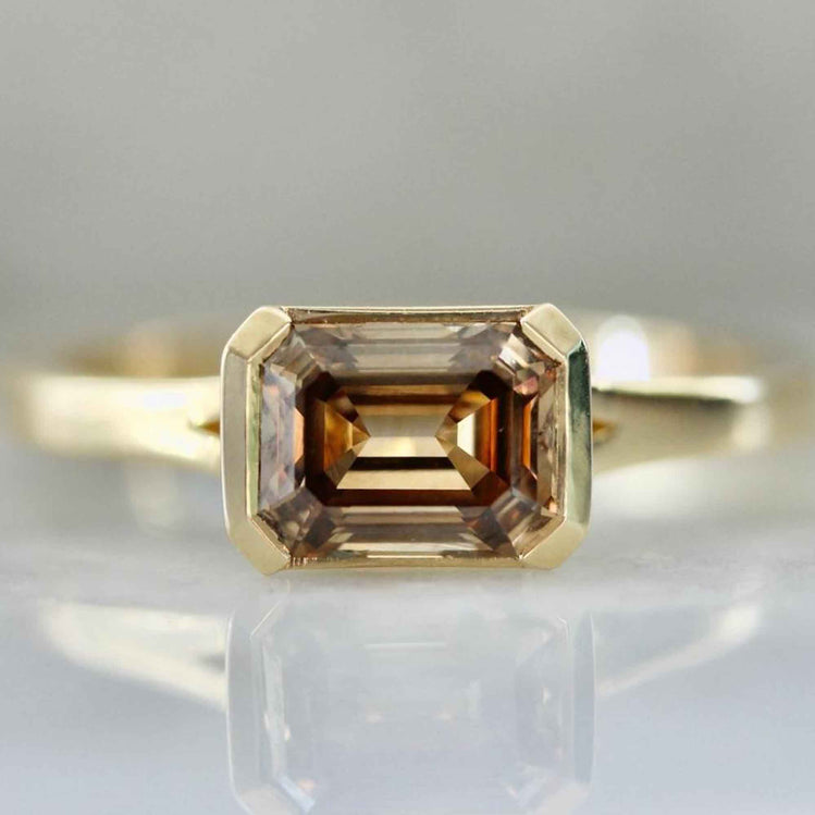 14k Solid Gold 1.67 Ct Brown Emerald Moissanite Half Bezel Wedding Ring East West Emerald Diamond Ring, Unique Moissanite Proposal Ring Handmade Jewellery For her