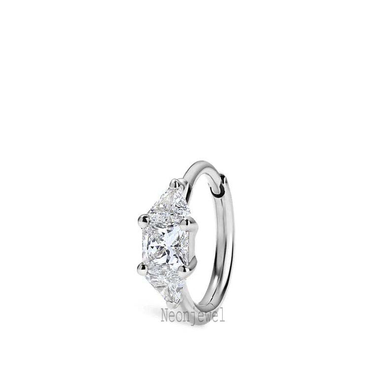 3mm Diamond Princess Triangle Hoop Earring 14K Solid Gold piercing Single Labgrown Diamond Hoop Earring Worn with any charms, Clicker For Her