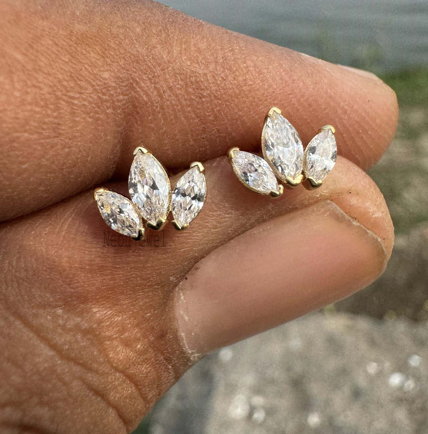 Marquise Diamond Cartilage Earring 10K Gold Triple Marquise Tragus Piercing Diamond Helix Piercing