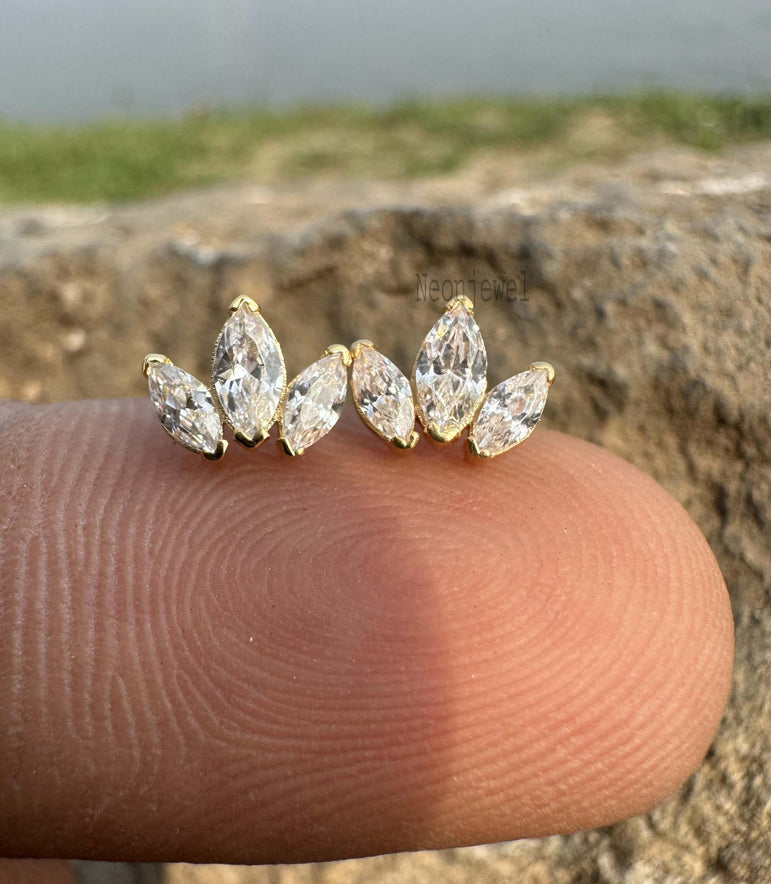 Marquise Diamond Cartilage Earring 10K Gold Triple Marquise Tragus Piercing Diamond Helix Piercing