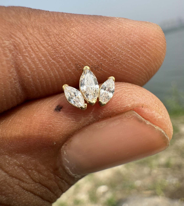 Marquise Diamond Cartilage Earring 10K Gold Triple Marquise Tragus Piercing Diamond Helix Piercing