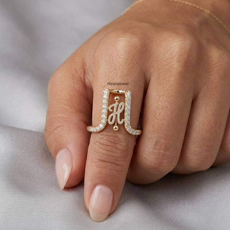 Crystal Initial H Ring Guard for Smart Ring • Custom Monogram Smart Ring Cover Gold Silver Rose • Pave Diamond Letter H Ring Protector