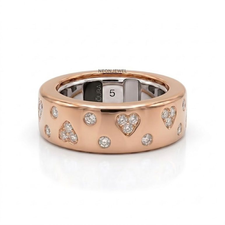 The "Sweetheart" Oura Ring Cover 4, 5 – Satin Gold with Pavé Hearts & Crystals
