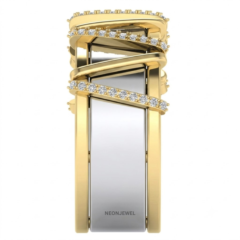 Geometric Smart Ring Cover, Two-Tone V-Shape Cage Ring Shield, Diamond Accent Tracker Protector, Luxury Jewelry Sleeve