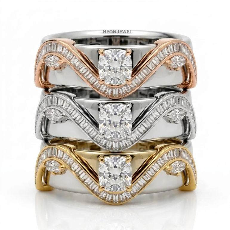 Cushion Cut Moissanite Smart Ring Cover • Gold Wave Baguette Ring Guard • Elegant Protector Jacket for Tech Rings