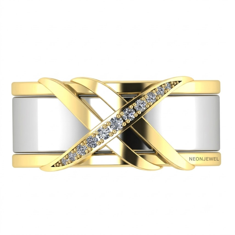 Criss-Cross Smart Ring Cover, Two-Tone Interlocking X Band Shield, Diamond Accent Tracker Protector, Luxury Jewelry Sleeve, Statement Ring Guard