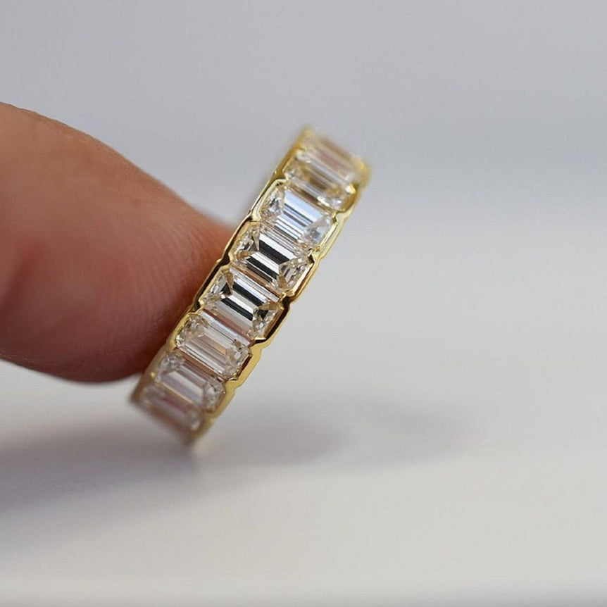 4X2 MM Colorless Emerald Cut Moissanite Wedding Band Bezel Set Women Band