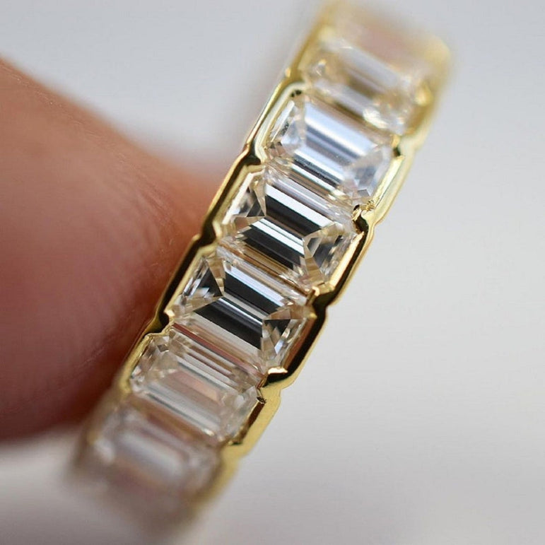 4X2 MM Colorless Emerald Cut Moissanite Wedding Band Bezel Set Women Band