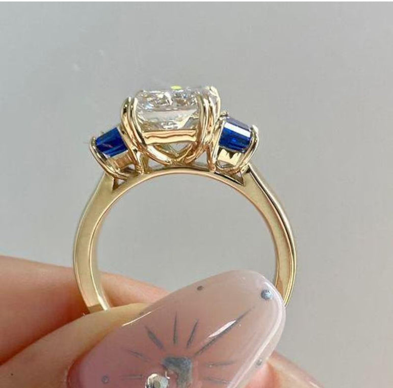 Sapphire 3 Ct Colorless Moissanite Engagement Ring Three Stone Wedding Ring Anniversary Gift Ring