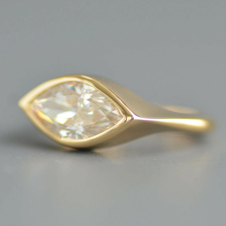 East West Marquise Moissanite Engagement Ring 10K Solid Yellow Gold