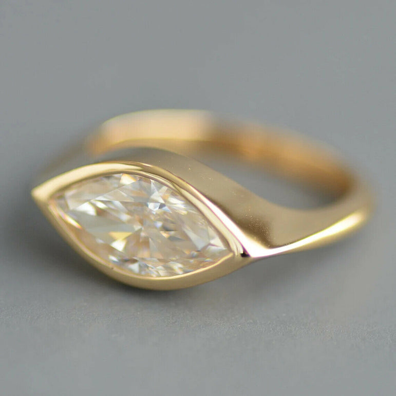 East West Marquise Moissanite Engagement Ring 10K Solid Yellow Gold