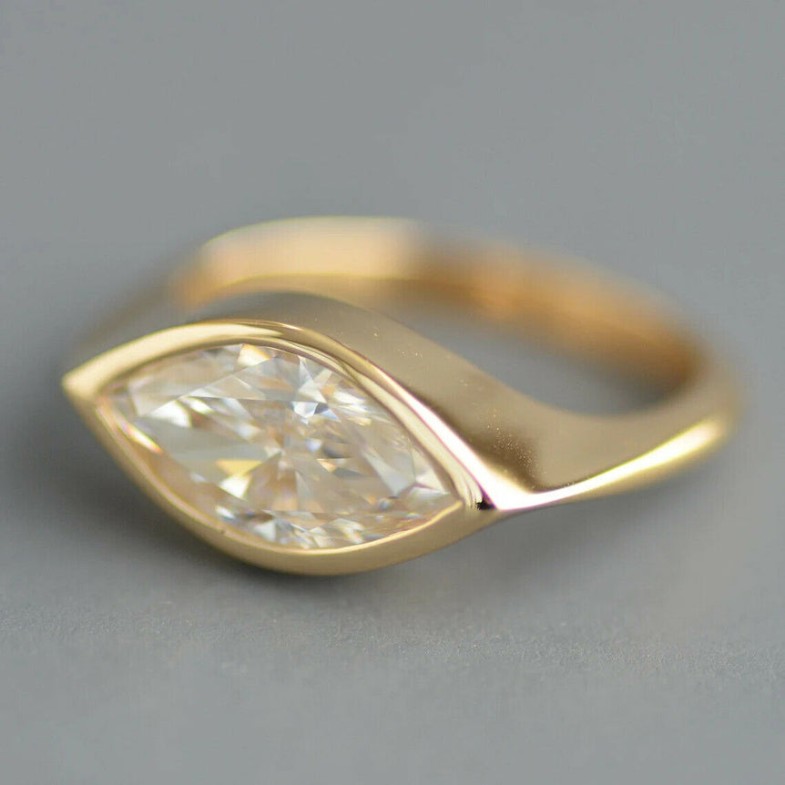 East West Marquise Moissanite Engagement Ring 10K Solid Yellow Gold