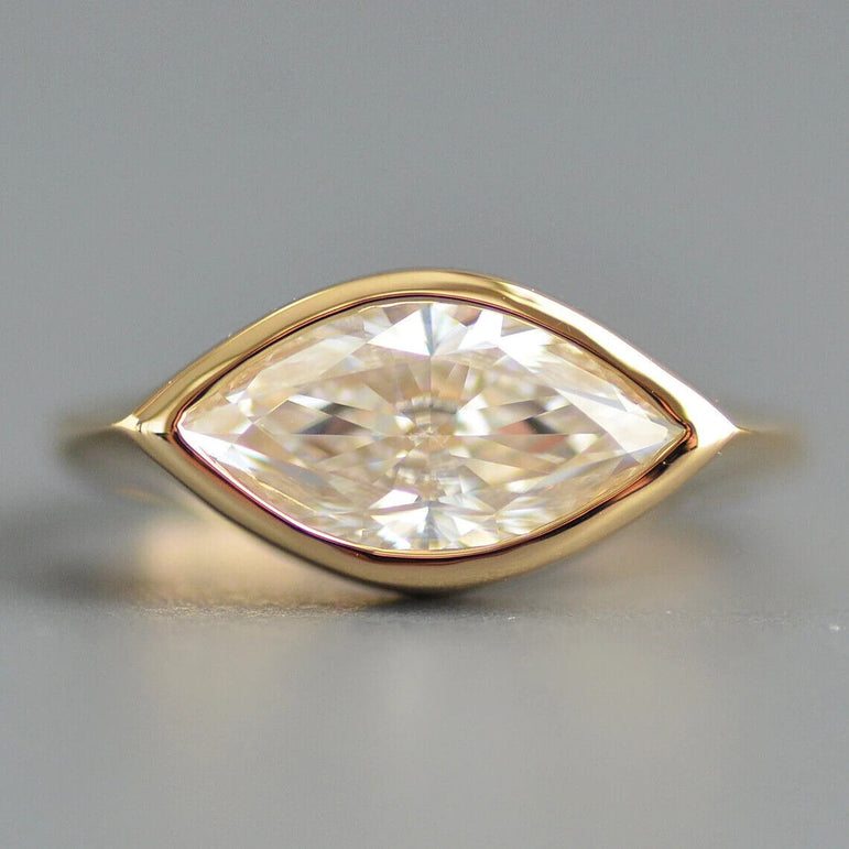 East West Marquise Moissanite Engagement Ring 10K Solid Yellow Gold