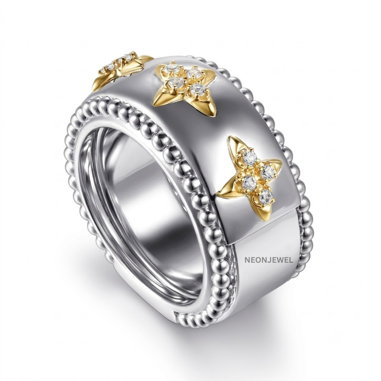 Two Tone Cover for Oura Ring, Silver Wide Smart Ring Protector, Gold Star Cluster Tracker Shield, Monogram Style Smart Ring Sleeve