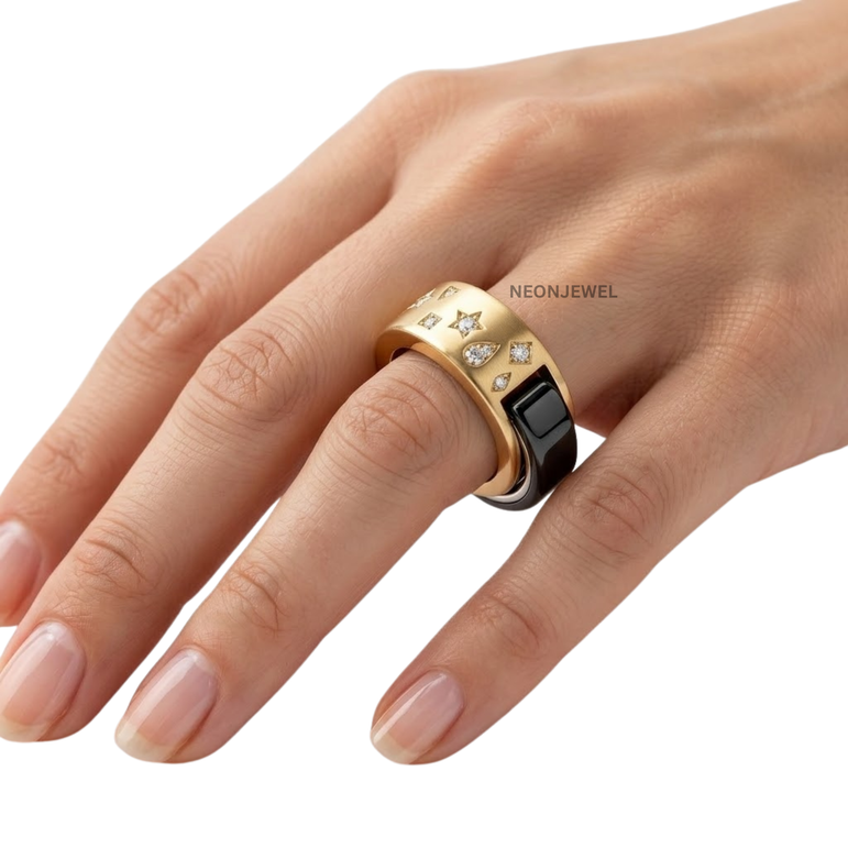 The "Stargazer" Oura Ring 4, 5 Cover – Satin Gold with Pavé Celestial Motifs