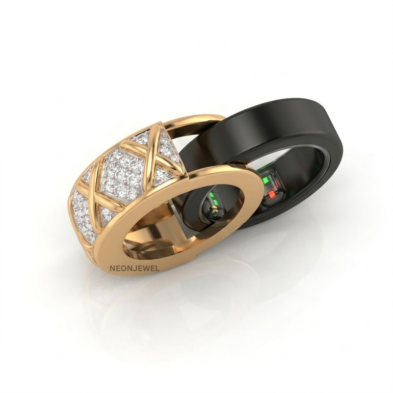 Luxury Cross Pattern Ring Cover • Gold Pave Smart Ring Enhancer Jacket • Modern Lattice Ring Shield • Premium Tech Accessory