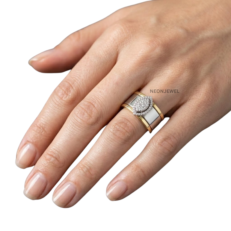 Premium Smart Ring Decorative Cover, Two-Tone Gold and Silver Shield with Marquise Diamond Element, Statement Protective Smart Ring Band