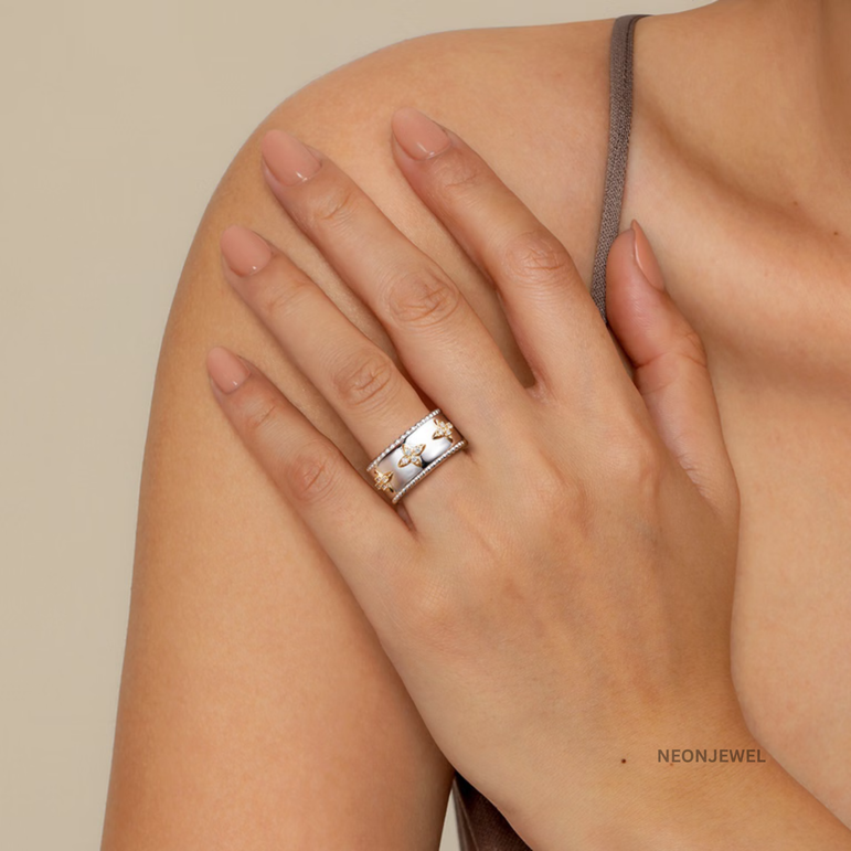 Two Tone Cover for Oura Ring, Silver Wide Smart Ring Protector, Gold Star Cluster Tracker Shield, Monogram Style Smart Ring Sleeve
