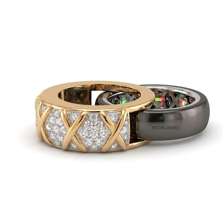 Luxury Cross Pattern Ring Cover • Gold Pave Smart Ring Enhancer Jacket • Modern Lattice Ring Shield • Premium Tech Accessory