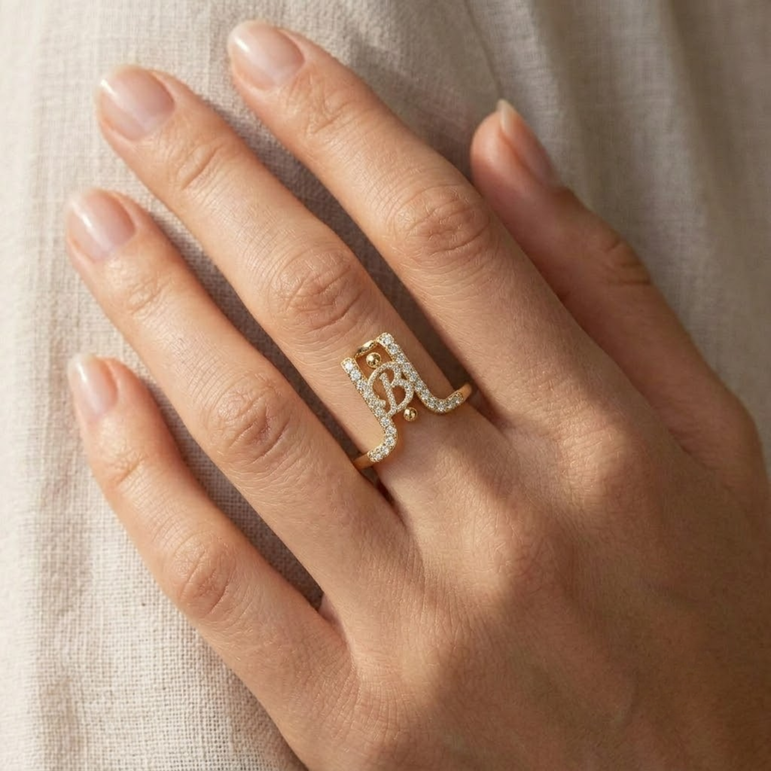 Crystal Initial B Ring Guard for Smart Ring • Gold Custom Monogram Smart Ring Cover • Pave Diamond Letter B Ring Protector