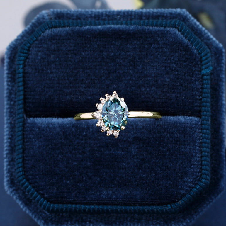 2.00 Ct Cyan Blue Oval Cut Moissanite Cluster Engagement Ring