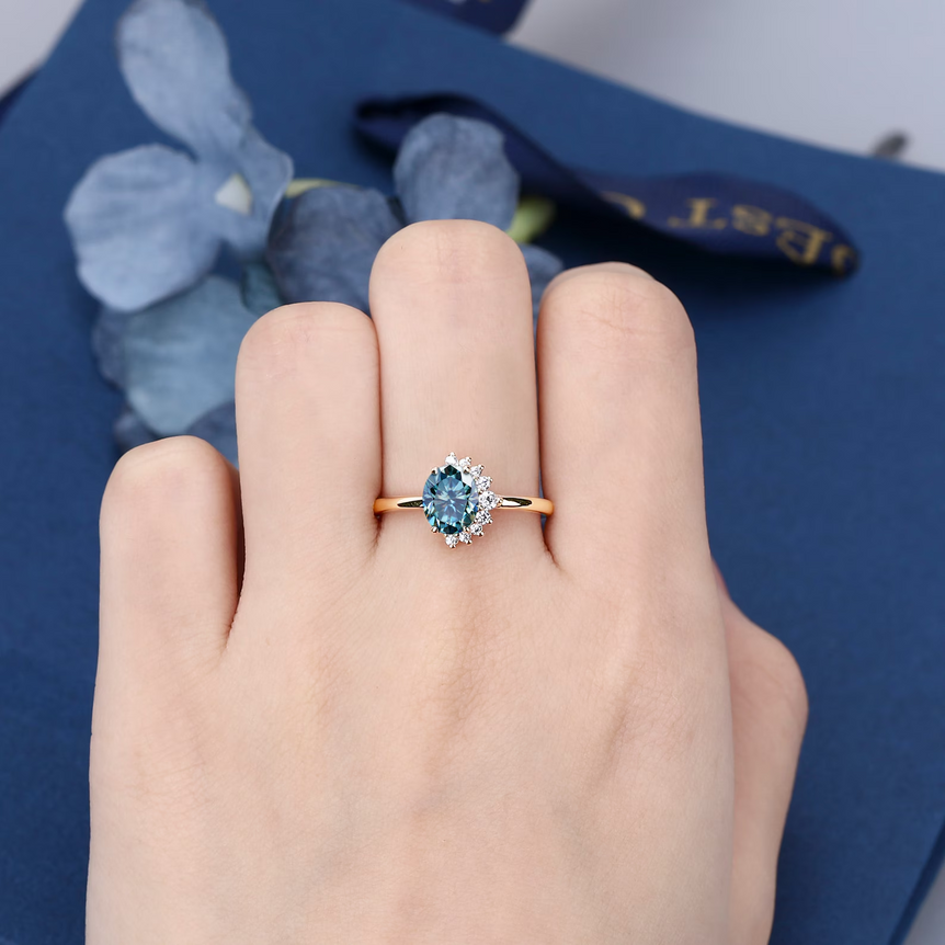 2.00 Ct Cyan Blue Oval Cut Moissanite Cluster Engagement Ring