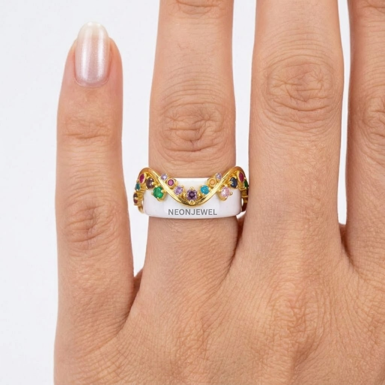 Rainbow Gemstone Oura Ring Cover | Gold Wavy Vine Smart Ring Protector & Guard