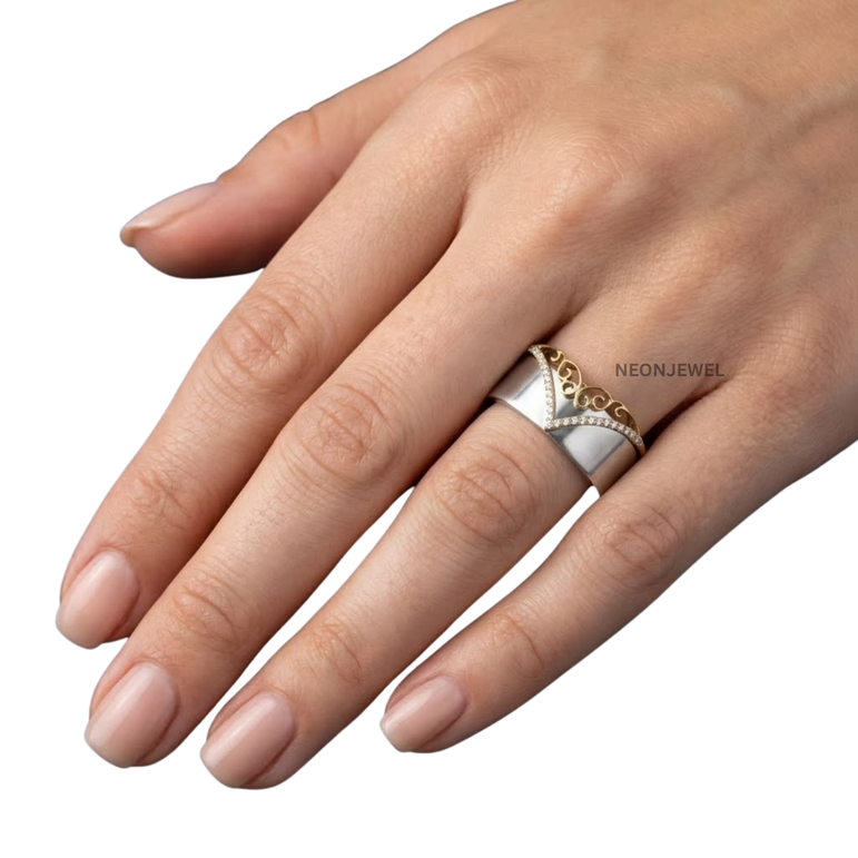 Tiara Smart Ring Cover, Chevron V-Shape Filigree Tracker Shield, Crown Diamond Accent Ring Guard, Two-Tone Decorative Tech Jewelry Sleeve
