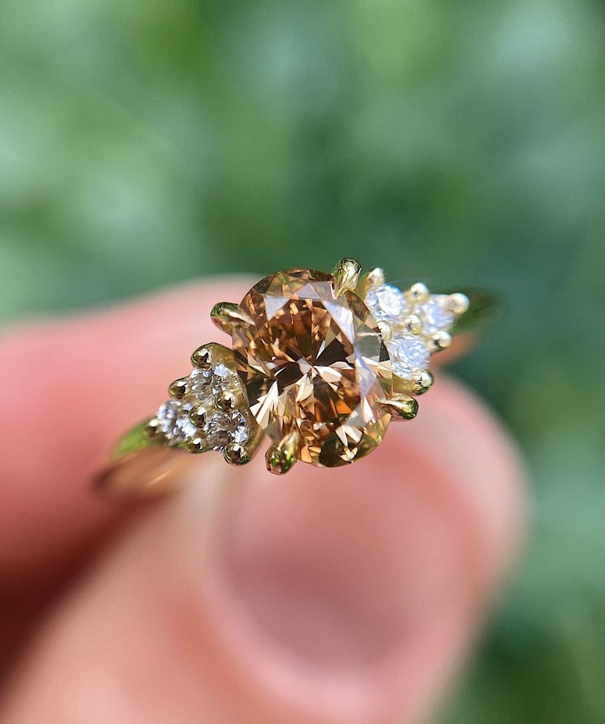 Brown Oval Cut Moissanite Cluster Engagement Ring