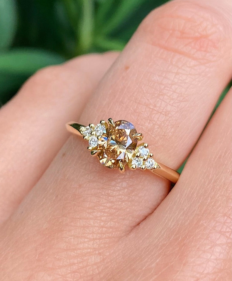 Brown Oval Cut Moissanite Cluster Engagement Ring