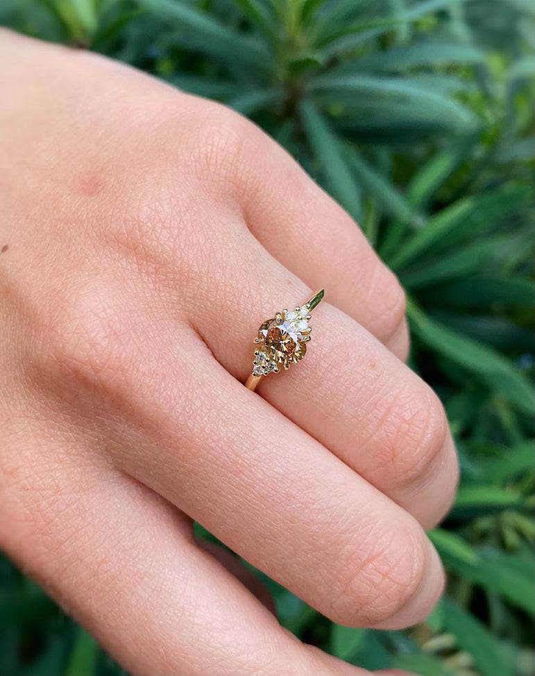 Brown Oval Cut Moissanite Cluster Engagement Ring